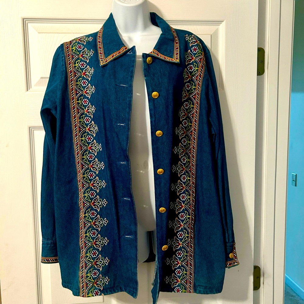 Vintage Bob Mackie Embroidered Art Shirt Jacket Denim Floral Size Large
